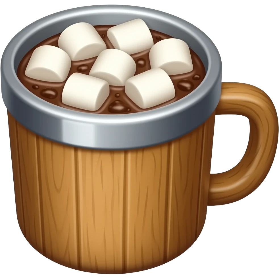 camp cup with silver rim filled with hot cocoa and mini marshmallows emoji