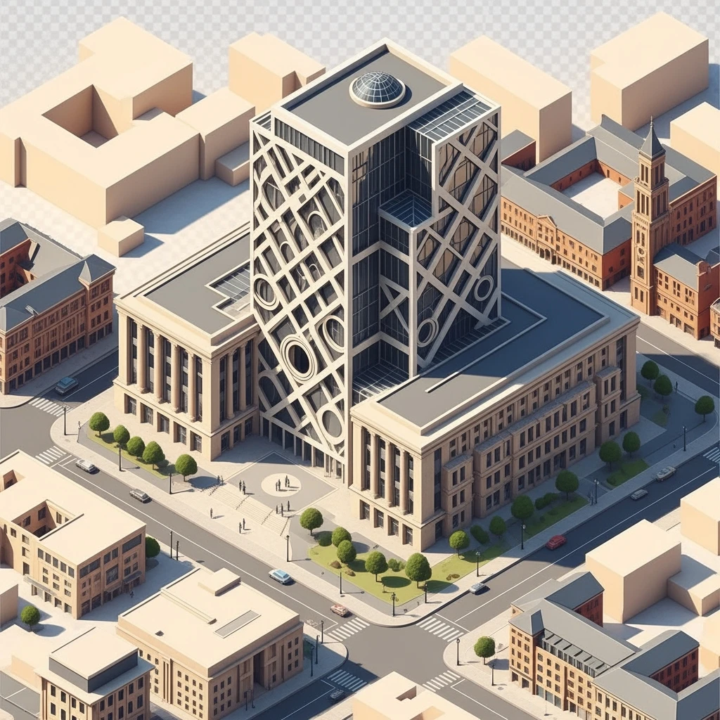 Isometric illustration of Birmingham, photorealistic the Library of Birmingham with its modern architecture, balanced between stylized and realistic, 3D miniature effect, transparent background. emoji