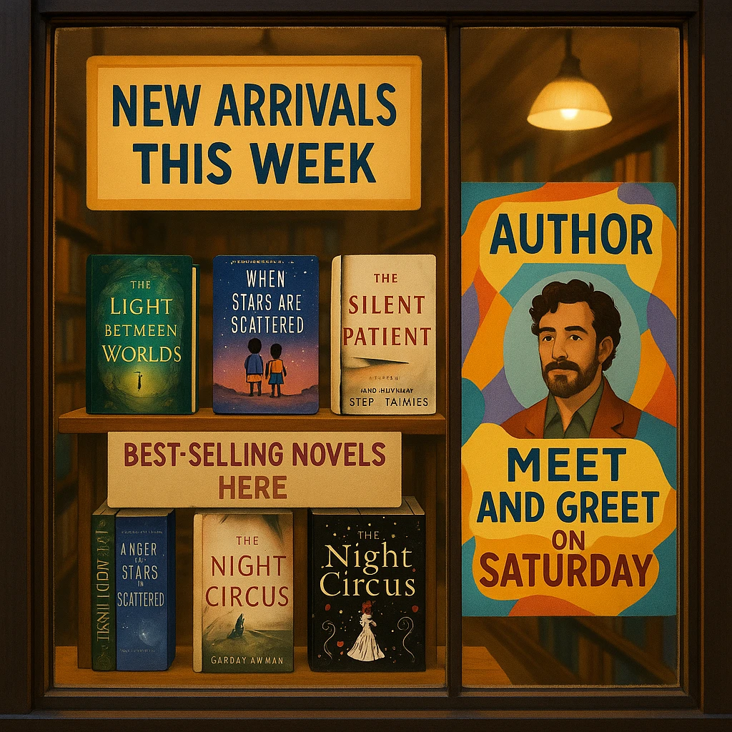 Bookstore window display. A sign displays “New Arrivals This Week”. Below, a shelf tag with the text “Best-Selling Novels Here”. To the side, a colorful poster advertises “Author Meet And Greet on Saturday” with a central portrait of the author. There are four books on the bookshelf, namely “The light between worlds” “When stars are scattered” “The slient patient” “The night circus” emoji