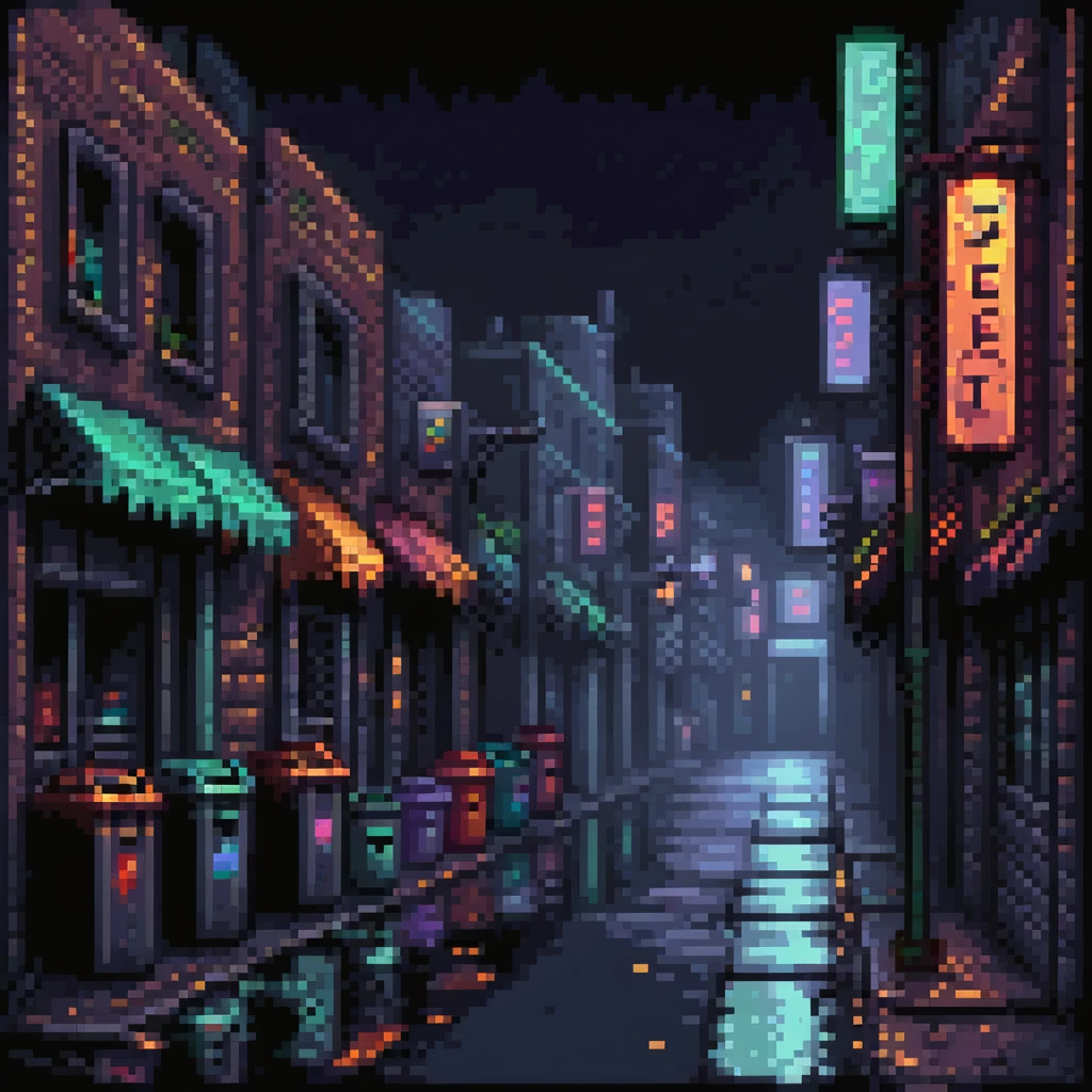 Pixel art background, side view of a dark Gotham-style street at night, moody lighting, flickering neon signs, trash bins, wet pavement, shadows in windows, 2D fighting game stage style, straight camera angle, retro arcade aesthetic
 emoji