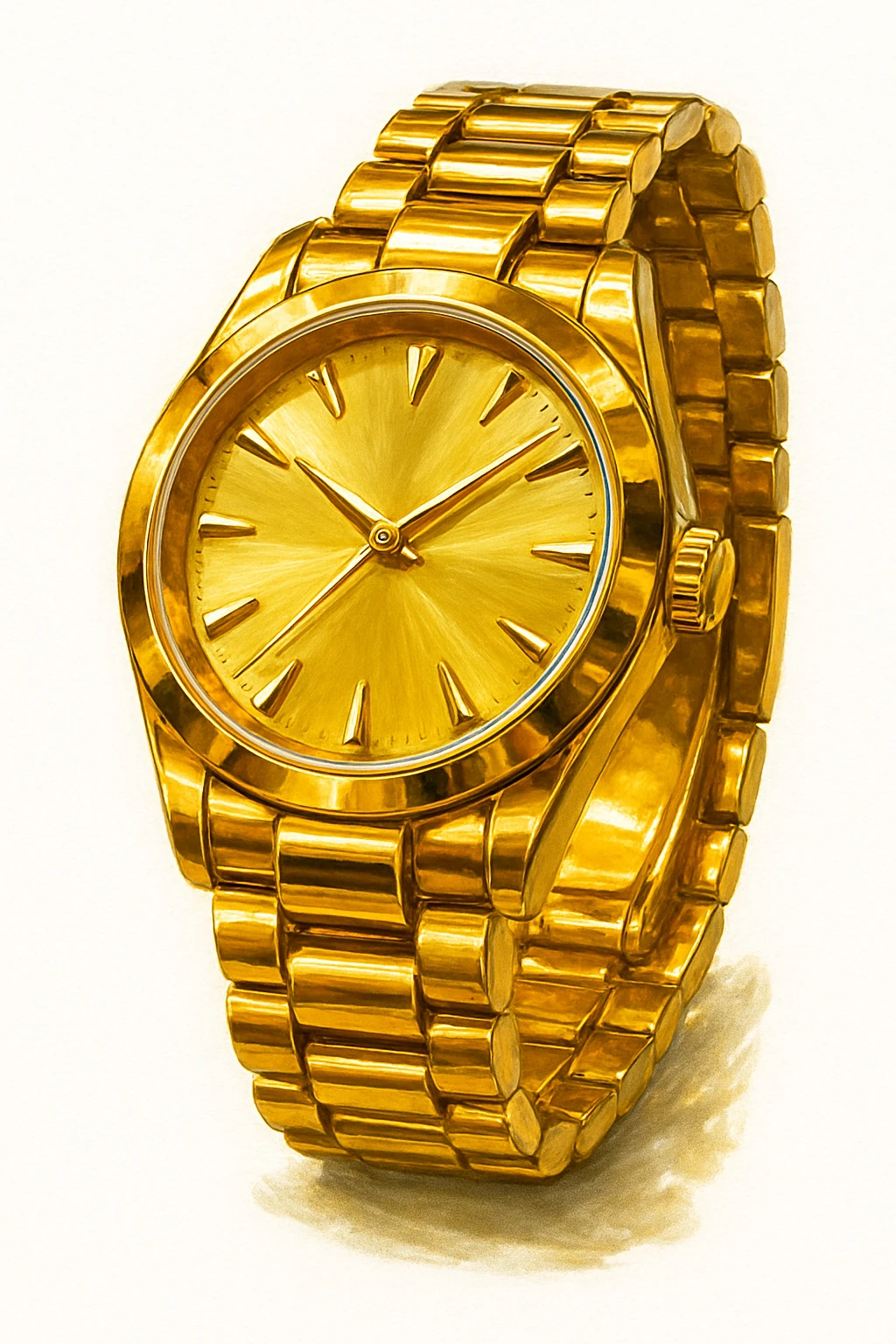 Сгенерируй мне часы ЗОЛОТЫЕ, дорогие, в чуть рисованном стиле. На чисто белом фоне. БЕЗ НАДПИСЕЙ. Но при этом объмная и яркая. Золото не должно быть пластмассовое, оно должно быть блестящие, хорошее emoji