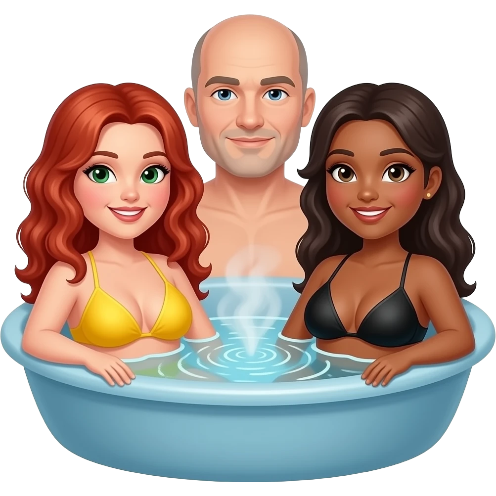 2 very curvy women with very large breasts, 1 redhead with long curly hair, green eyes in a yellow bikini, 1 brunette with black bikini,  and 1 man bald with light goatee, sitting  in a hot tub emoji
