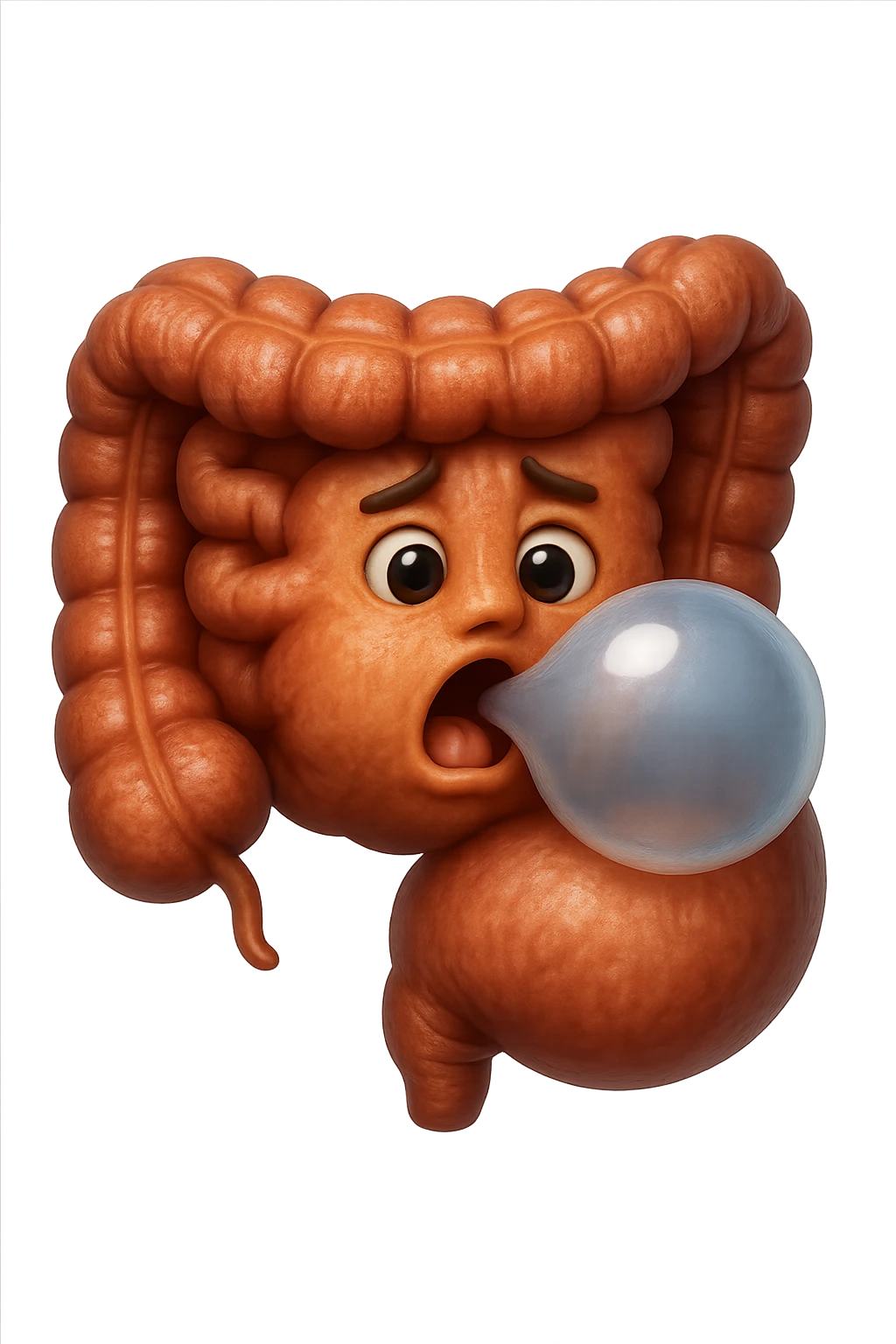 emoji stile iphone di un intestino che ingoia una nuvoletta di aria ben visibile e gli si gonfia la pancia, non fargli il naso, iperrealistico 4k emoji