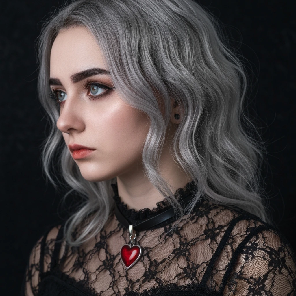 goth profile picture with a heart accent, cute, expressive, minimal, variation 4 emoji