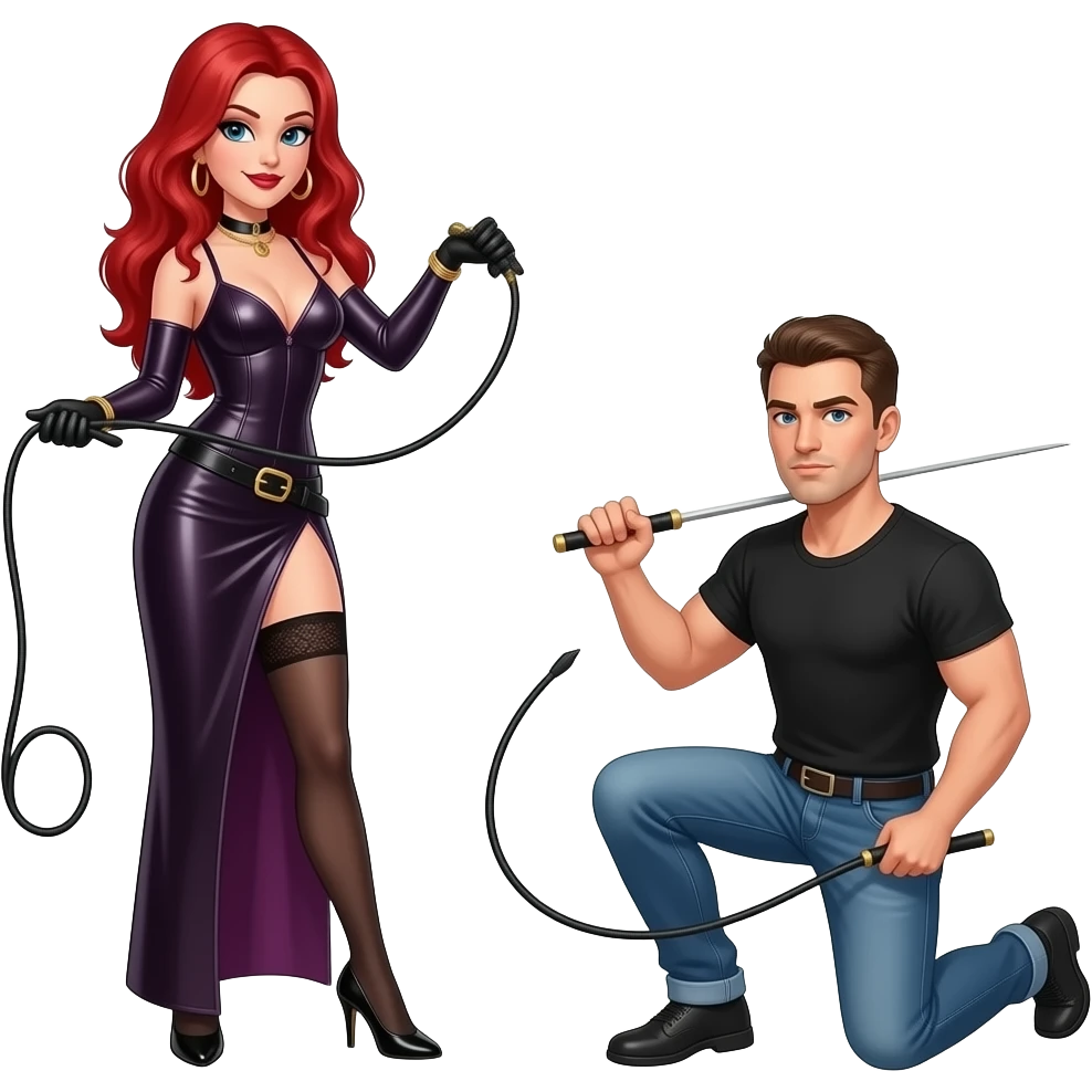 Una dominatrice con la frusta, un dominatore con una frusta, e un uomo inginocchiato emoji