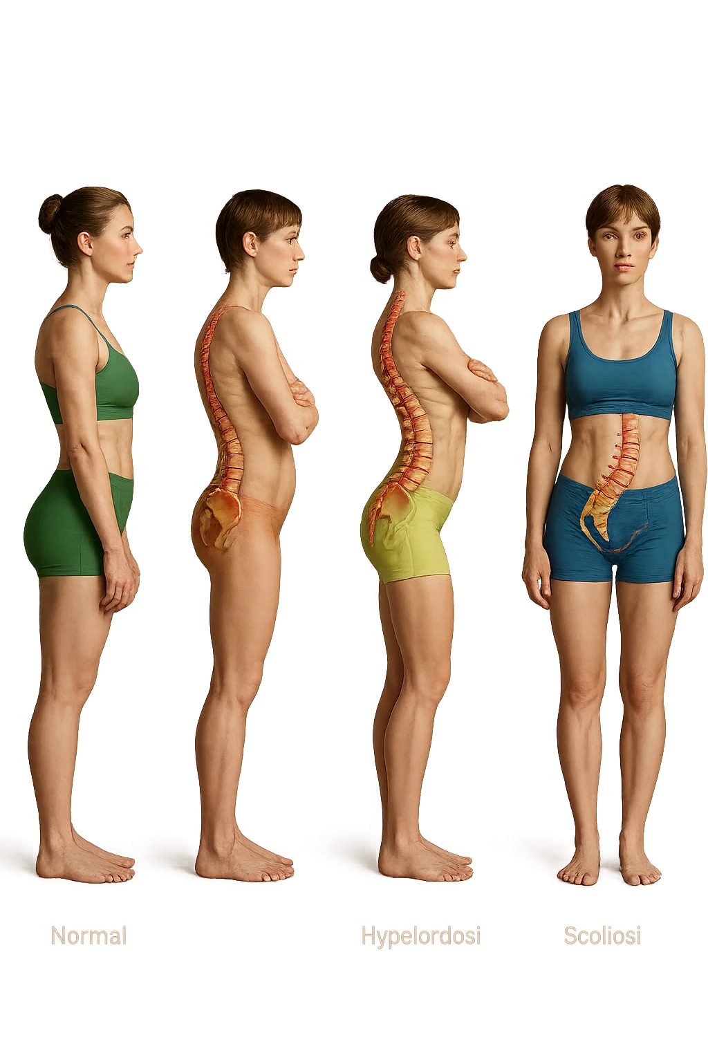 fai un immagine identica che riguarda 3 posture scorrette: scoliosi, ipercifosi e iperlordosi. falla iperrealistica anatomica in 4k con spina dorsale storta in evidenza su ogni figura emoji