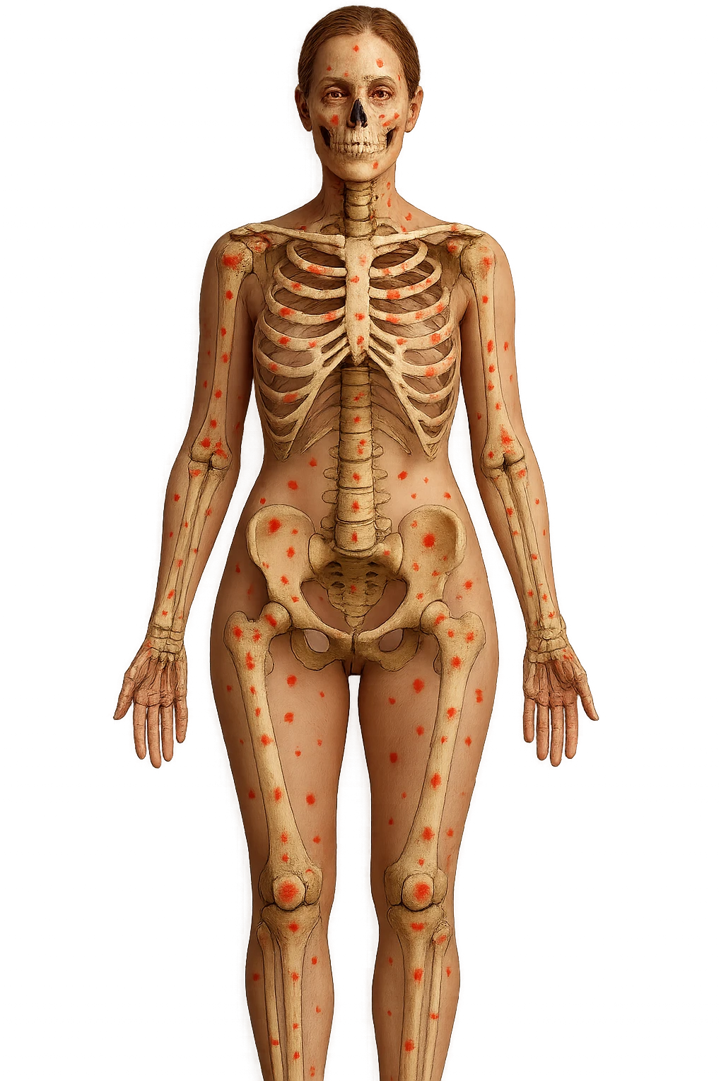 corpo umano anatomico di una donna affetta da fibromialgia, red spot sparsi sulle sue ossa, iperrealistica 4k emoji