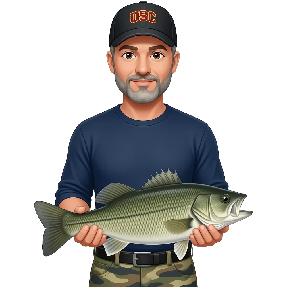 an adult man with a gray beard with a navy blue sleeve T-shirt, and camouflage carpenter shorts and black baseball hat with USC in burgundy holding a bass fish emoji