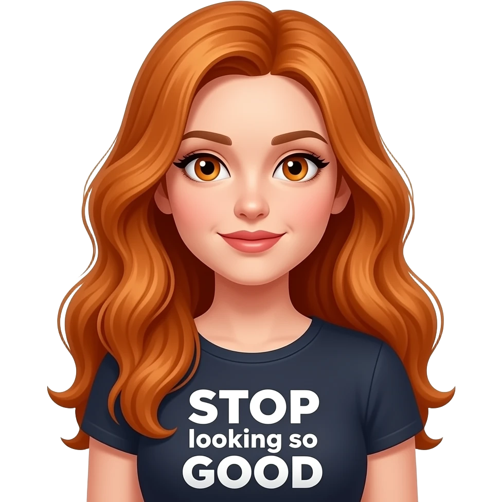 sexy girl with overlong ginger hair and ginger eyes a top with STOP looking so GOOD written on it emoji