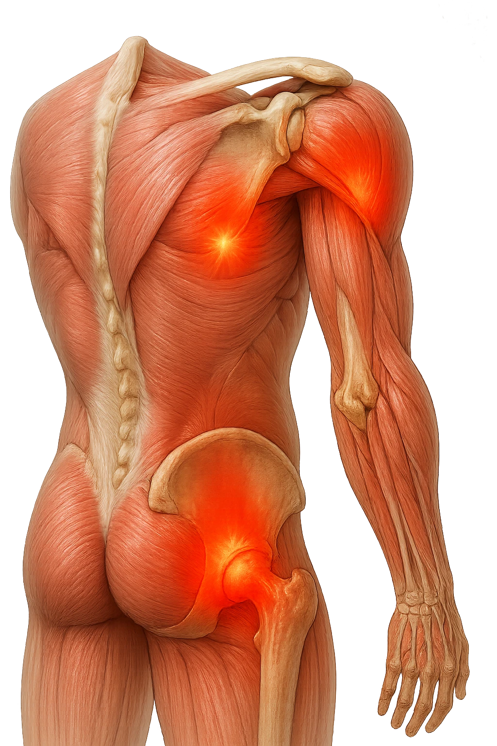 CORPO UMANO ANATOMICO REALISTICO DI SPALLE CON DOLORE ALLA LOMBARE INFIAMMATA, DOLORE ALL'ANCA, IPERREALISTICO 4K emoji