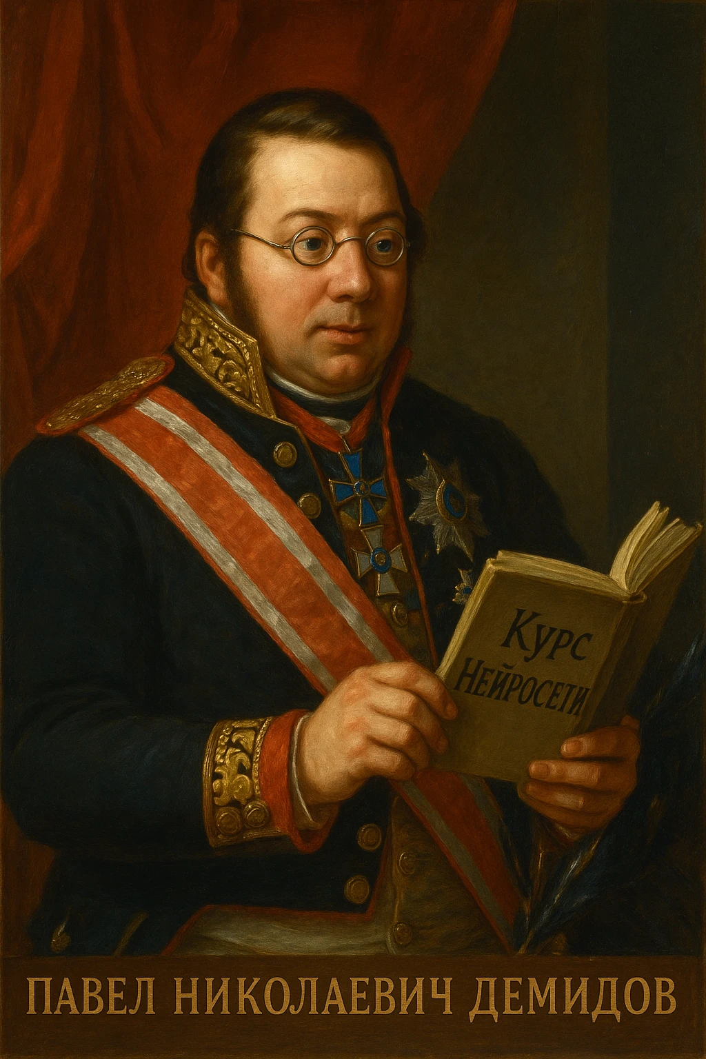 Павел Николаевич Демидов заинтересовано изучает в руках книгу на которой написано Курс Нейросети рисованный стиль emoji