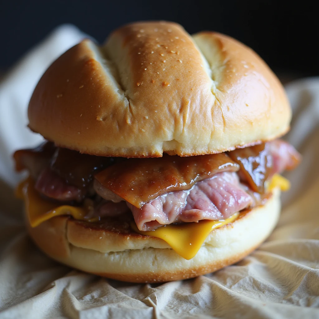 A traditional Bavarian sandwich with a thick slice of Leberkäse, golden-brown outside, juicy and slightly pink inside, in a crusty round white bread roll (Kaisersemmel), lightly floured, with a dab of sweet Bavarian mustard. Realistic, appetizing, and detailed. emoji