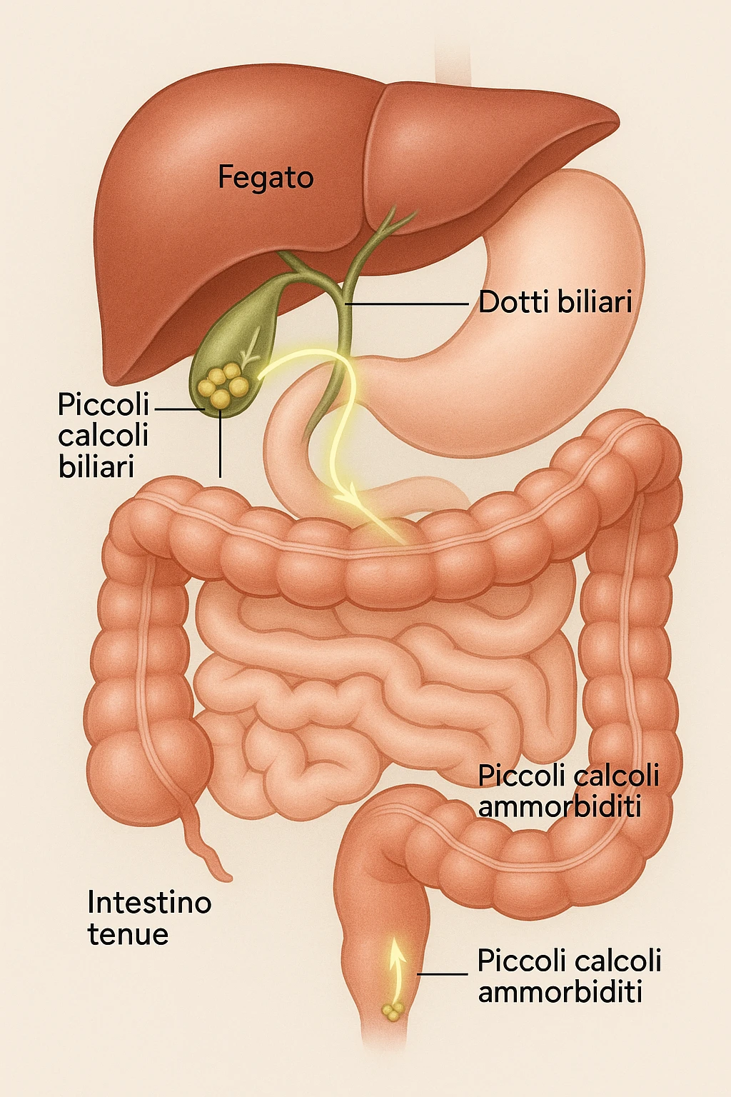 A realistic, educational medical illustration showing the human digestive tract focusing on the liver, gallbladder, bile ducts, and intestines. The gallbladder is depicted with small gallstones inside. A soft glowing arrow indicates the flow of bile and small stones moving naturally from the gallbladder through the bile ducts into the intestines. In the colon, small softened gallstones are shown being prepared for elimination, symbolizing their removal through bowel movements. The style is clean, precise, and clear with soft anatomical colors (greens, soft reds, and yellows) and faint glowing arrows to illustrate the process. The background is a subtle neutral gradient to keep the focus on the organs and the pathway. The image conveys the concept of natural gallstone elimination through the intestines via the stool in a clear, non-graphic, and educational way in italiano emoji