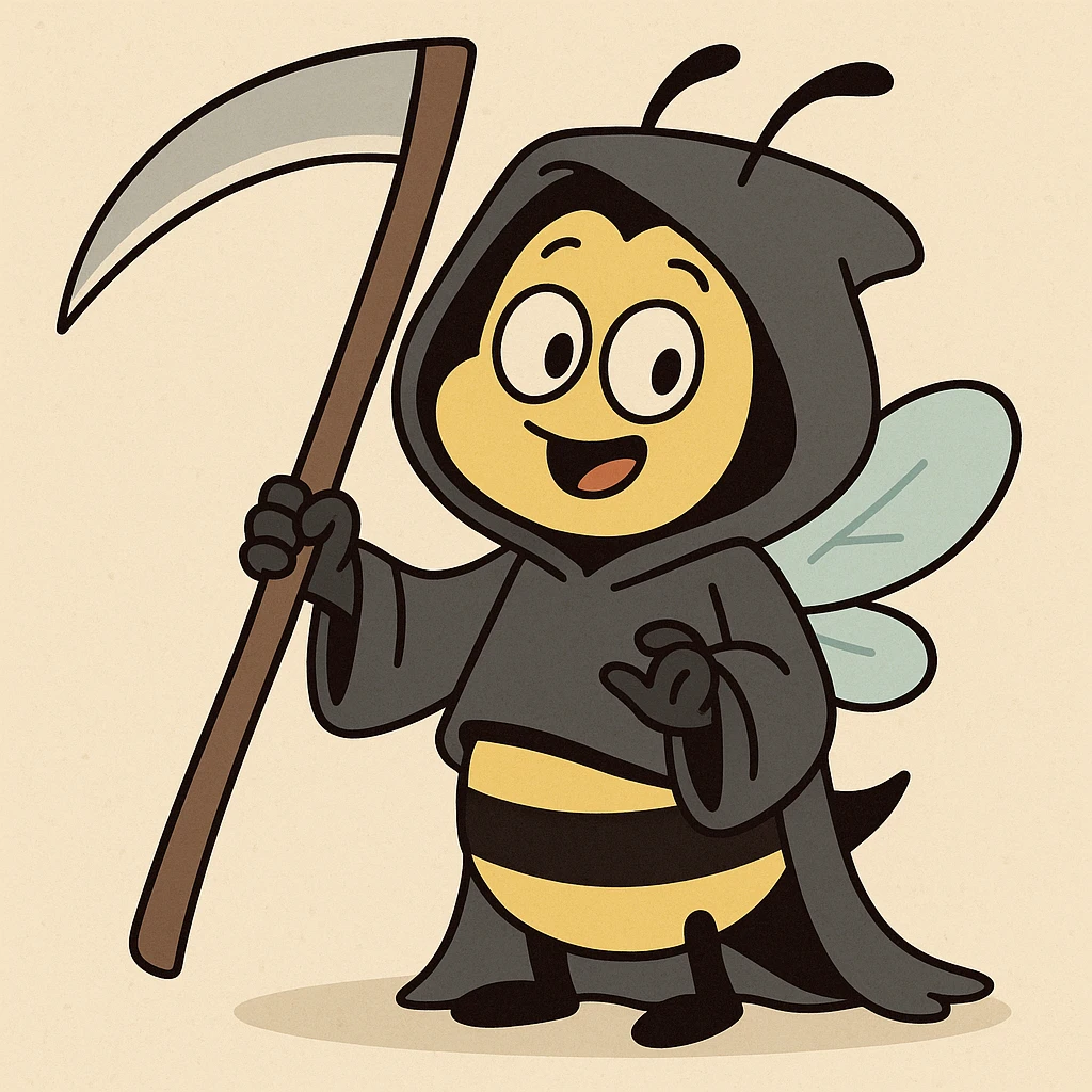 cartoon bee dressed as a playful and cute grim reaper, holding a scythe emoji
