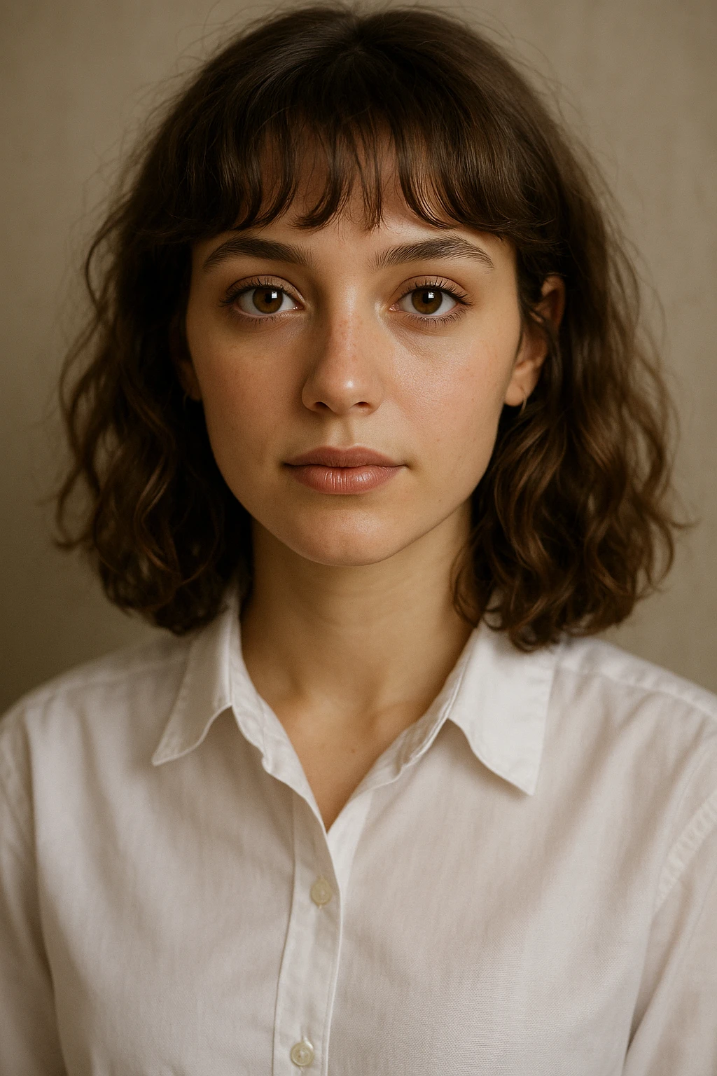 portrait of a young woman, 22, with brown eyes and light brown, slightly curly shoulder-length hair with bangs, subtle makeup, dressed in a white dress shirt emoji