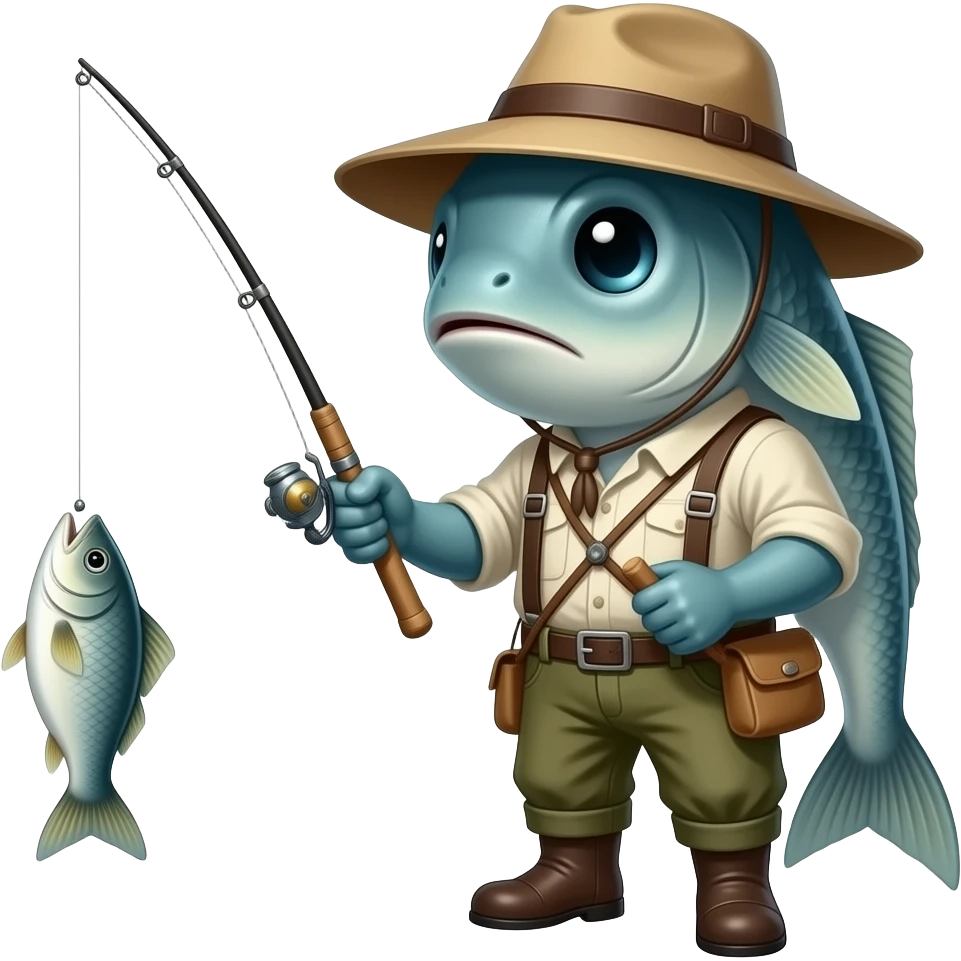 риба людиноподібна в шляпі ловить рибу на рибалці на вудочку emoji