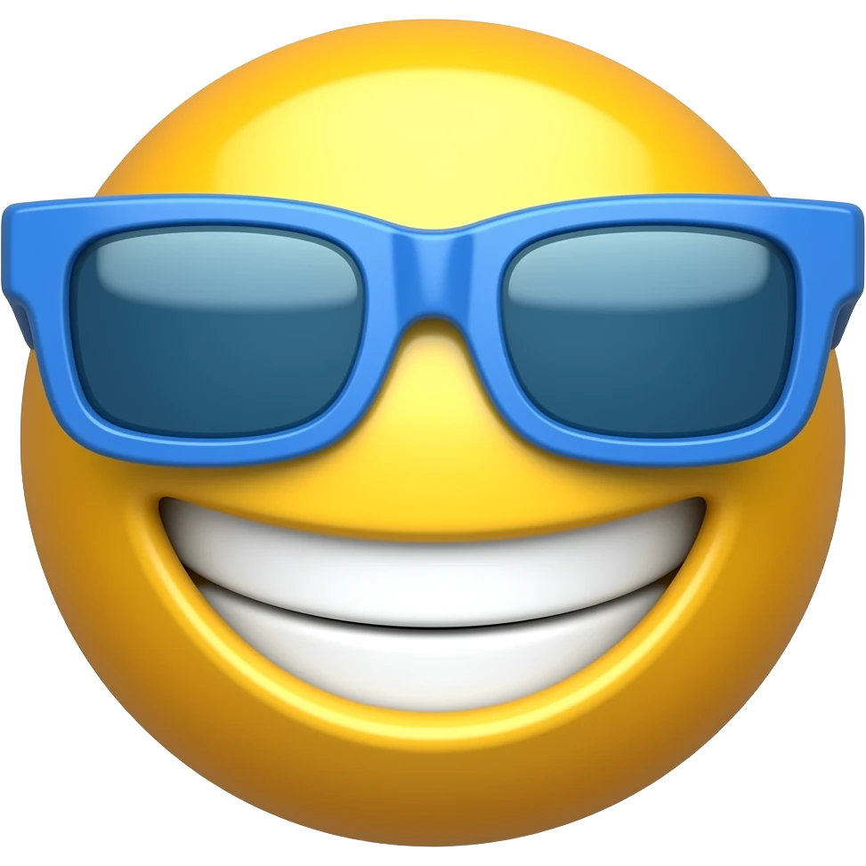 Жёлтый 3D синее  солнечные очки,глаза не видно, широкая улыбка с белыми зубами, гладкий блестящий эмодзи, реалистичный Apple-like mobile emoji emoji