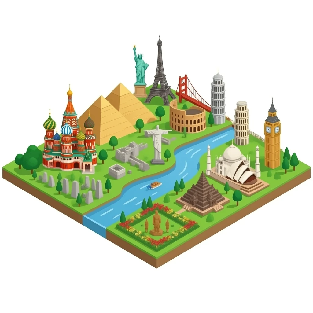 Pyramids, Great Wall, colosseum, Stonehenge, st. Basil’s cathedral, Taj Mahal, leaning tower of Pisa, Big Ben, Eiffel Tower, Statue of Liberty, Machu Picchu, cristo redentor, Hagia Sophia, Golden Gate Bridge, Sydney opera house, keukenhof park, Angkor wat, and terracotta emoji