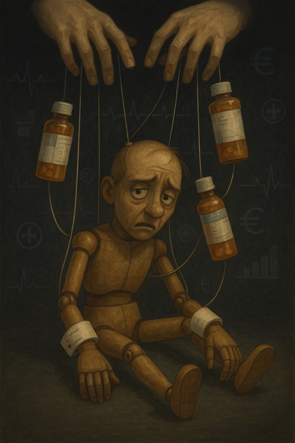 a marionette puppet with hospital bracelets and medication bottles as strings is controlled by unseen hands from above. The puppet’s face shows confusion and fatigue, representing the feeling of being managed by an invisible system. The background is dark, with faint images of medical charts and euro signs. in italiano emoji