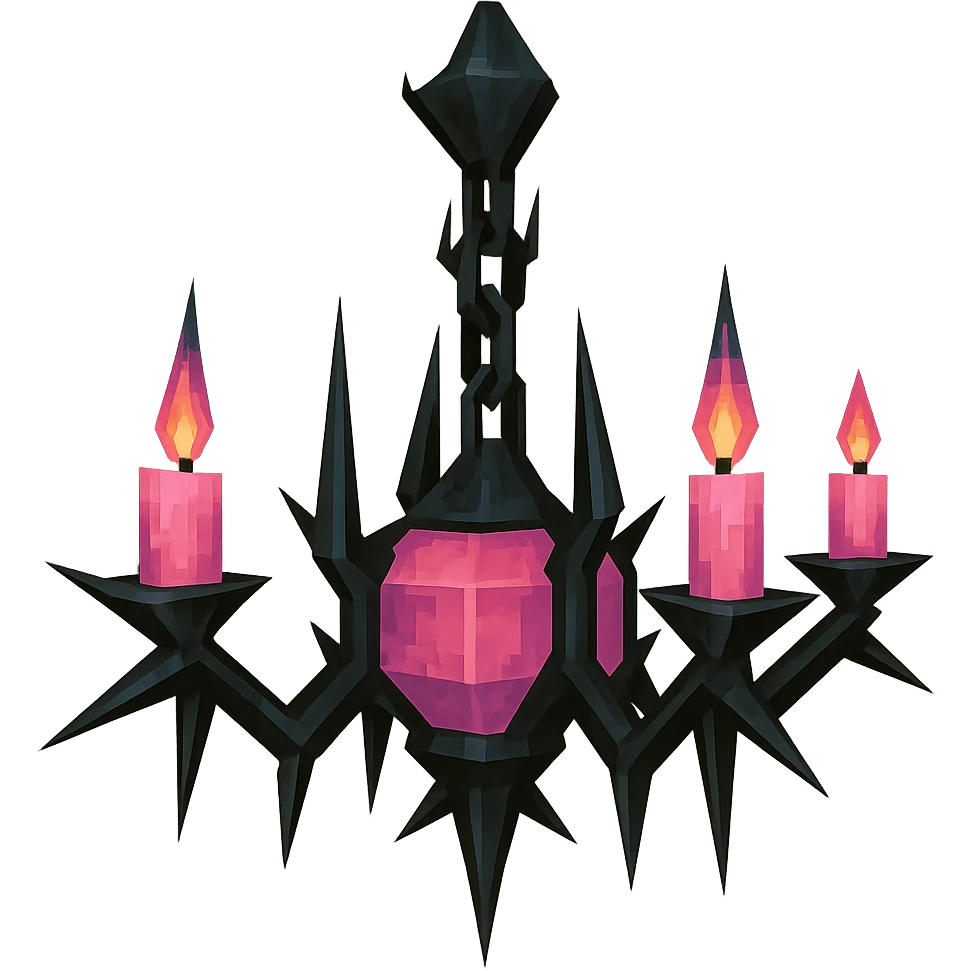 BLACKPINK-inspired gothic chandelier, spiked and bold, black and pink, no hearts, low poly 3D style emoji