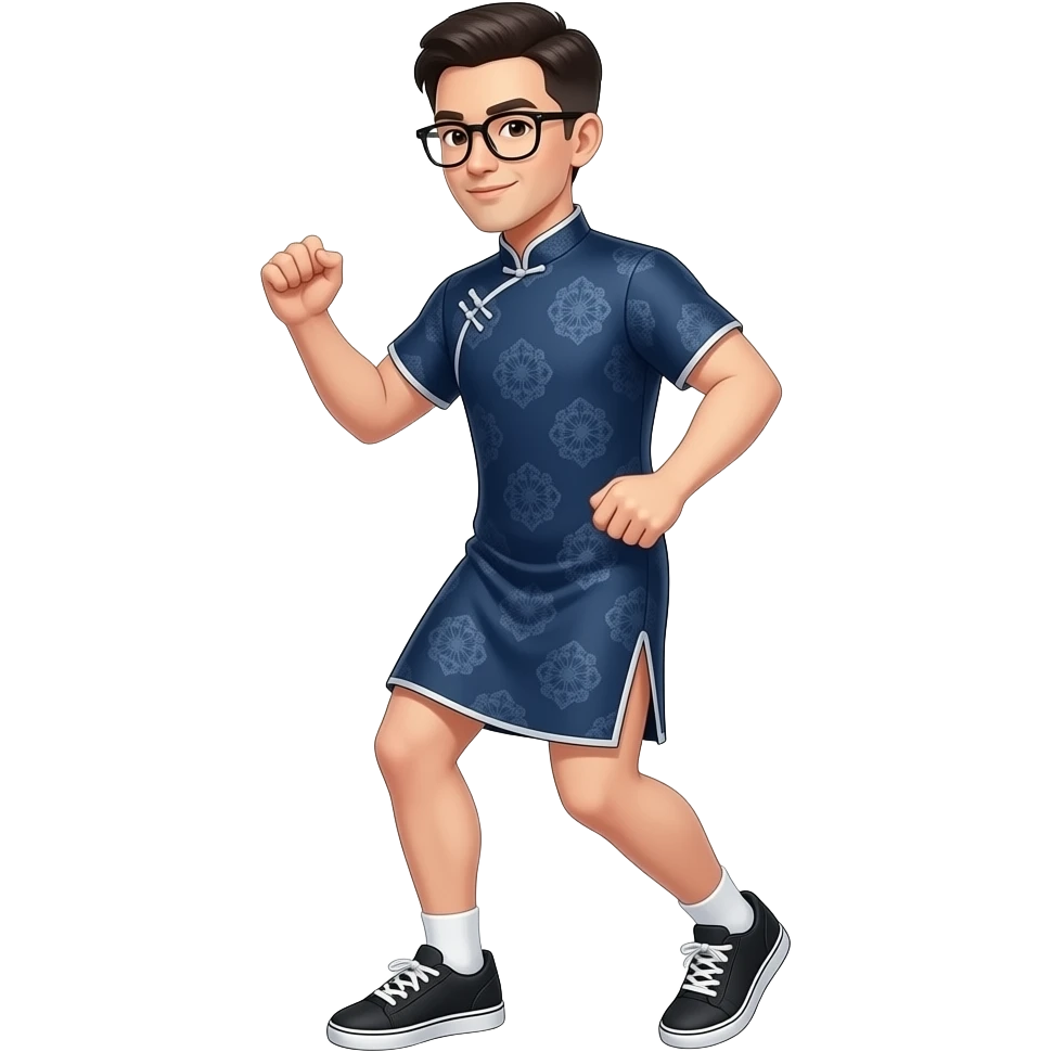 male with glasses in short cheongsam dress and dancing sneakers. show whole body profile emoji
