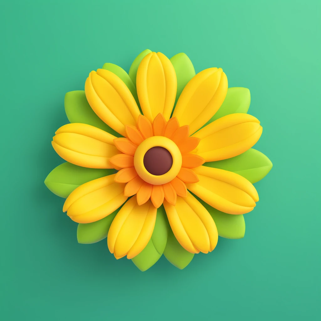 close-up yellow flower with layered petals, 3D iOS emoji style, natural green leafy background emoji