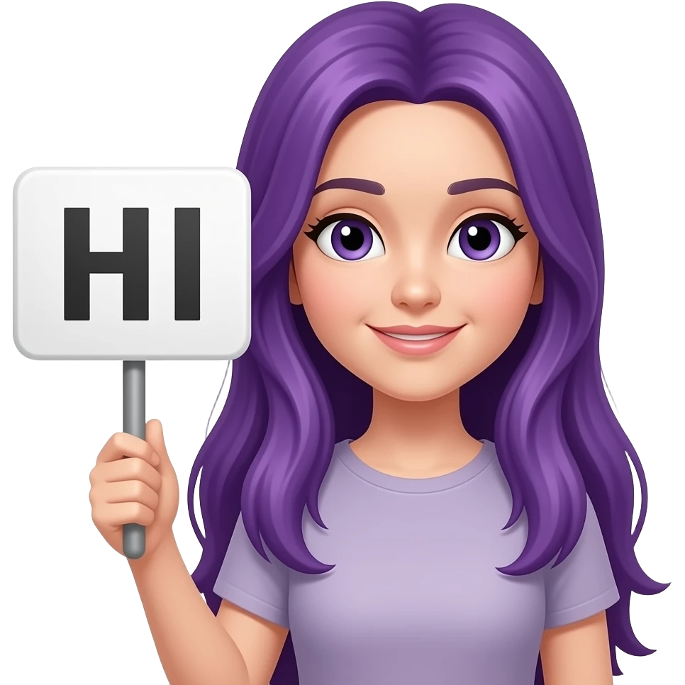 girl with long purple hair with a HI sign emoji