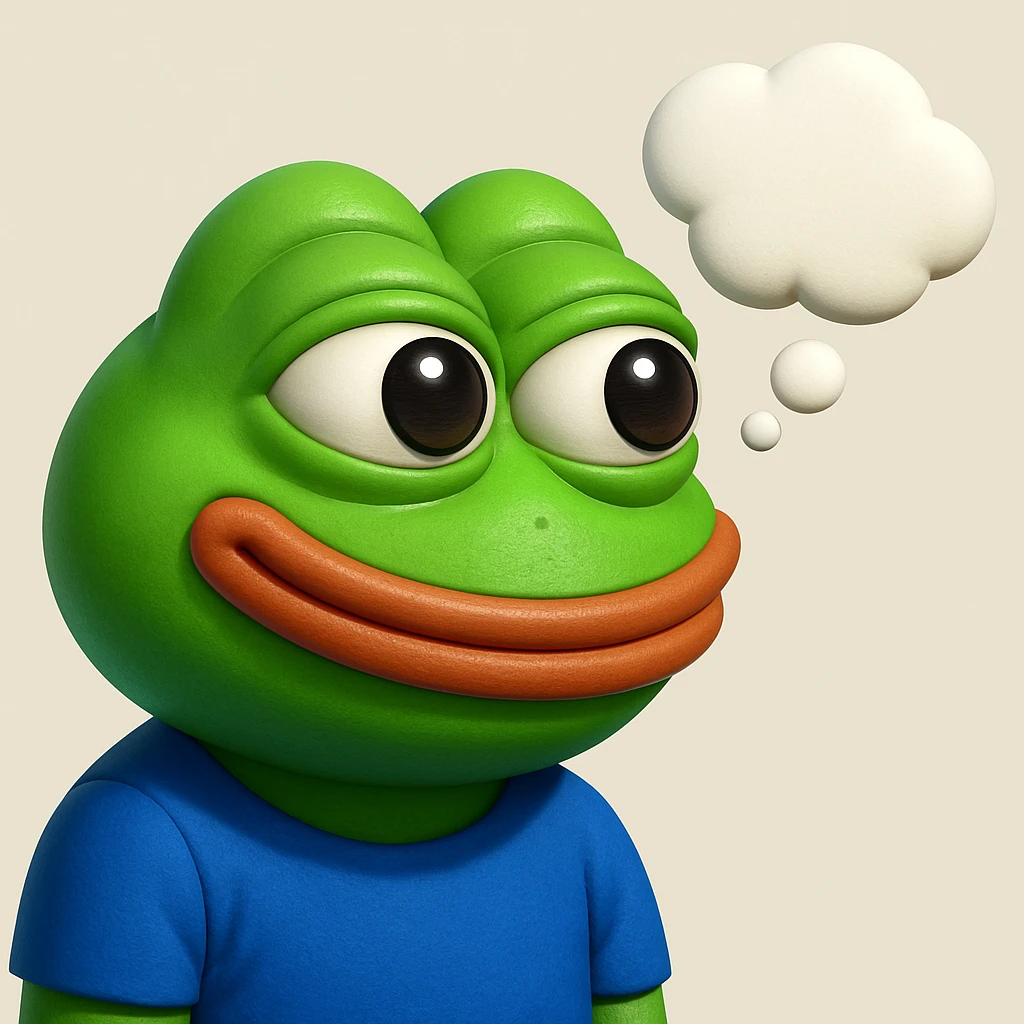 make a pepe in bright green smiling with thought bubble looking at right side in 3d style, good highlights and shadows, drop shadows emoji