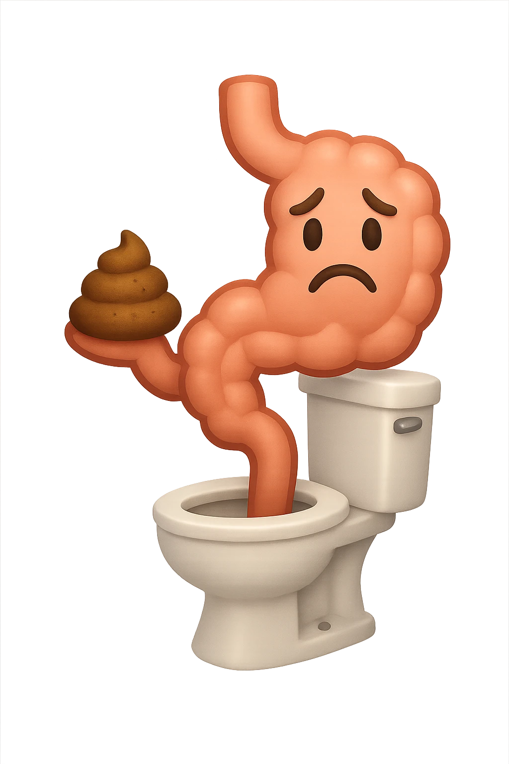 emoji stile iphone di un intestino che esce dal wc con in mano una montagnetta di feci con espressione triste a palline emoji