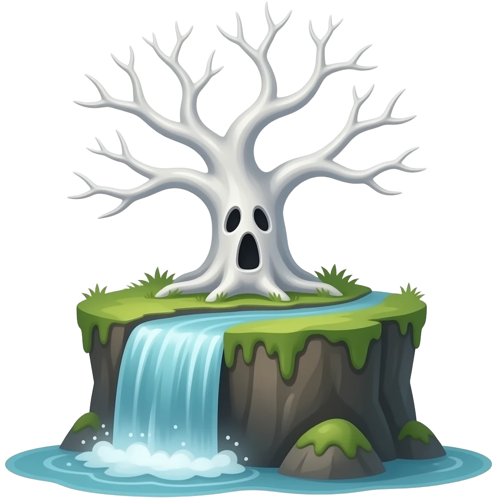 3d - white bare haunted tree grows from a dilapidated cascet emoji