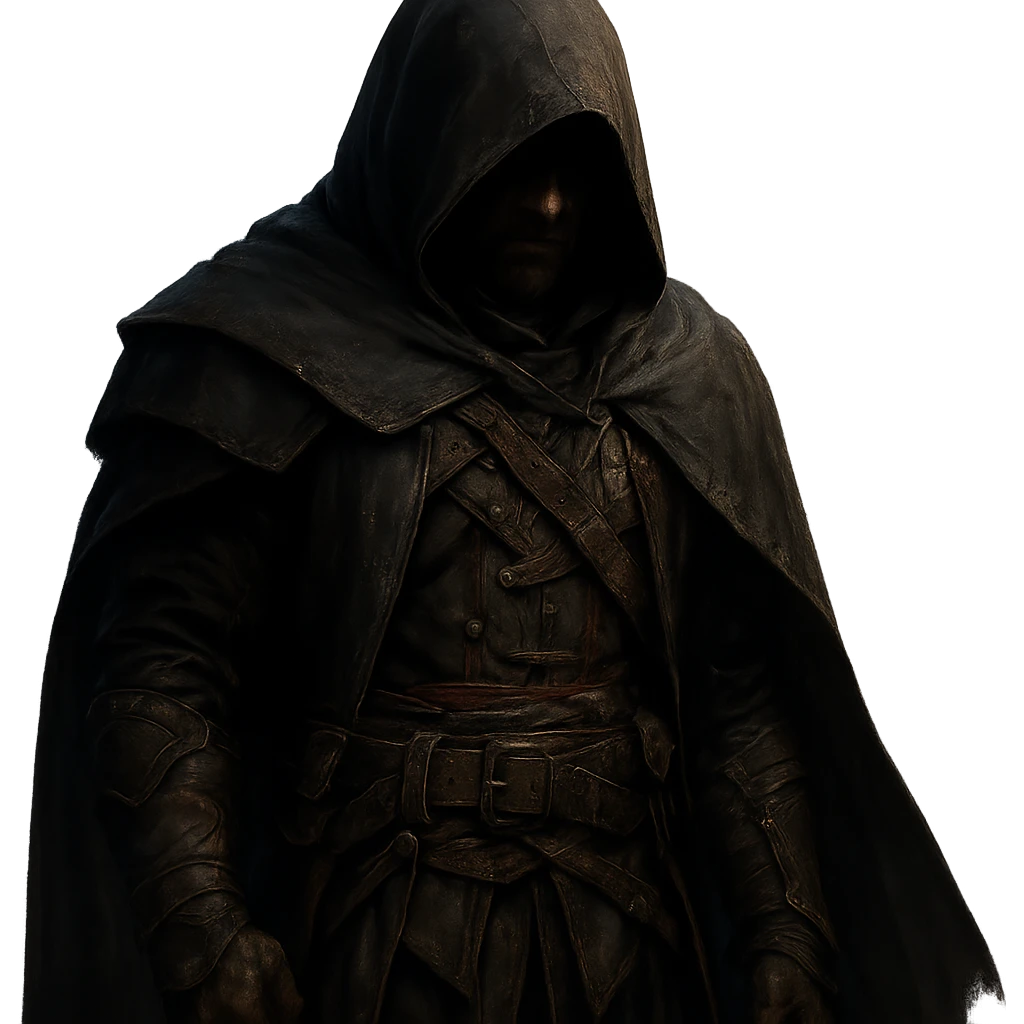 a man in assassin attire, dark cloak, hidden face, fantasy style, detailed, cinematic lighting emoji