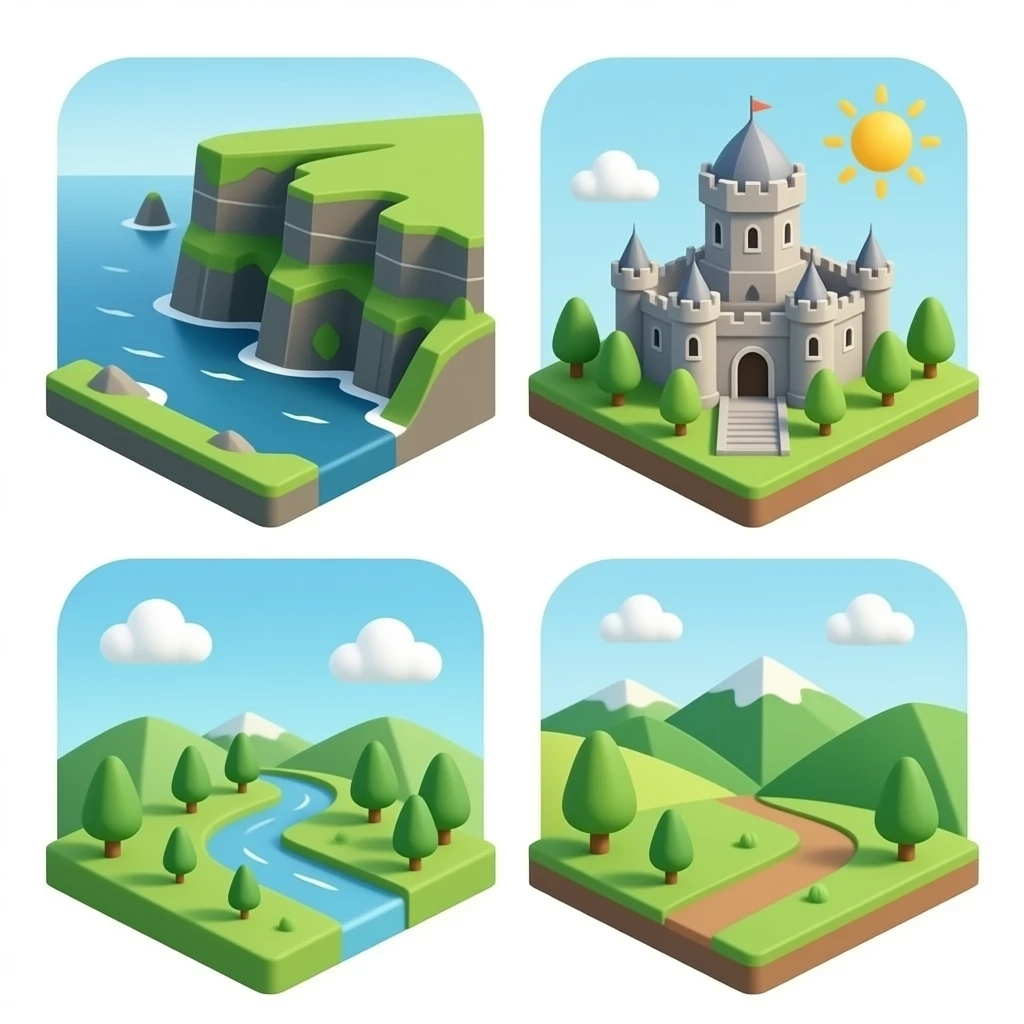 3D isometric miniature emoji of Ireland landmarks, including Cliffs of Moher, Dublin castle, and a small green countryside, cute chibi style, rounded shapes, glossy vibrant colors, soft lighting, tiny diorama, minimal background emoji