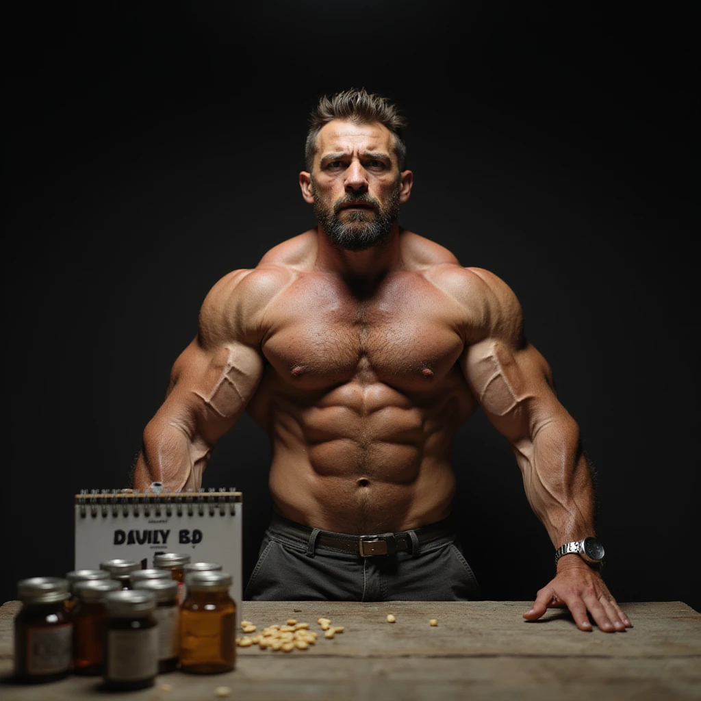 realistic muscular bodybuilder man with extremely dry and defined physique, serious expression, table with supplements and vials, calendar with 12 months behind, dimly lit gym background with dramatic lighting, face marked by fatigue emoji