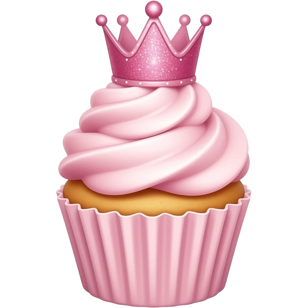 elegant pink cupcake with pink crown, glitter, and white frosting emoji