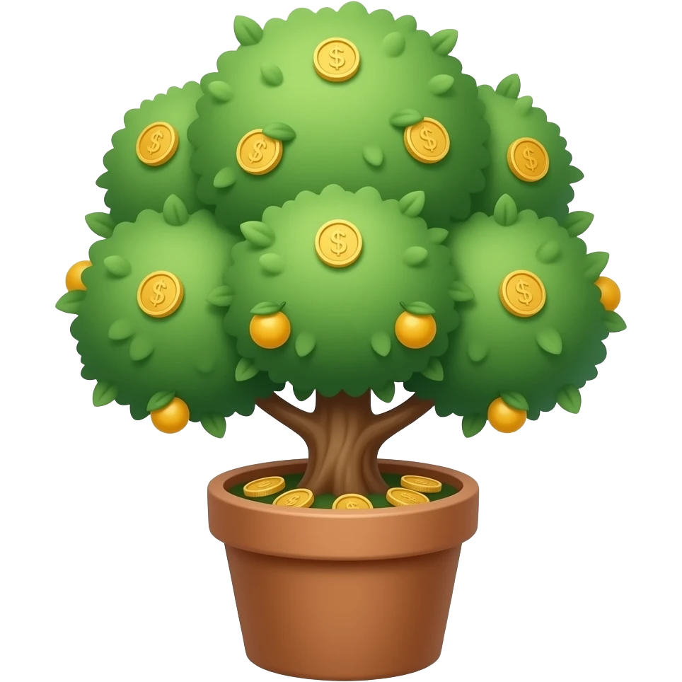 Apple-style money tree, round soft green canopy. No pot, no ground — only the tree. Small gold coins as fruits inside the leaves. Flat 2D vector, clean shapes, no gradients. Dark near-black background, premium fintech icon. emoji