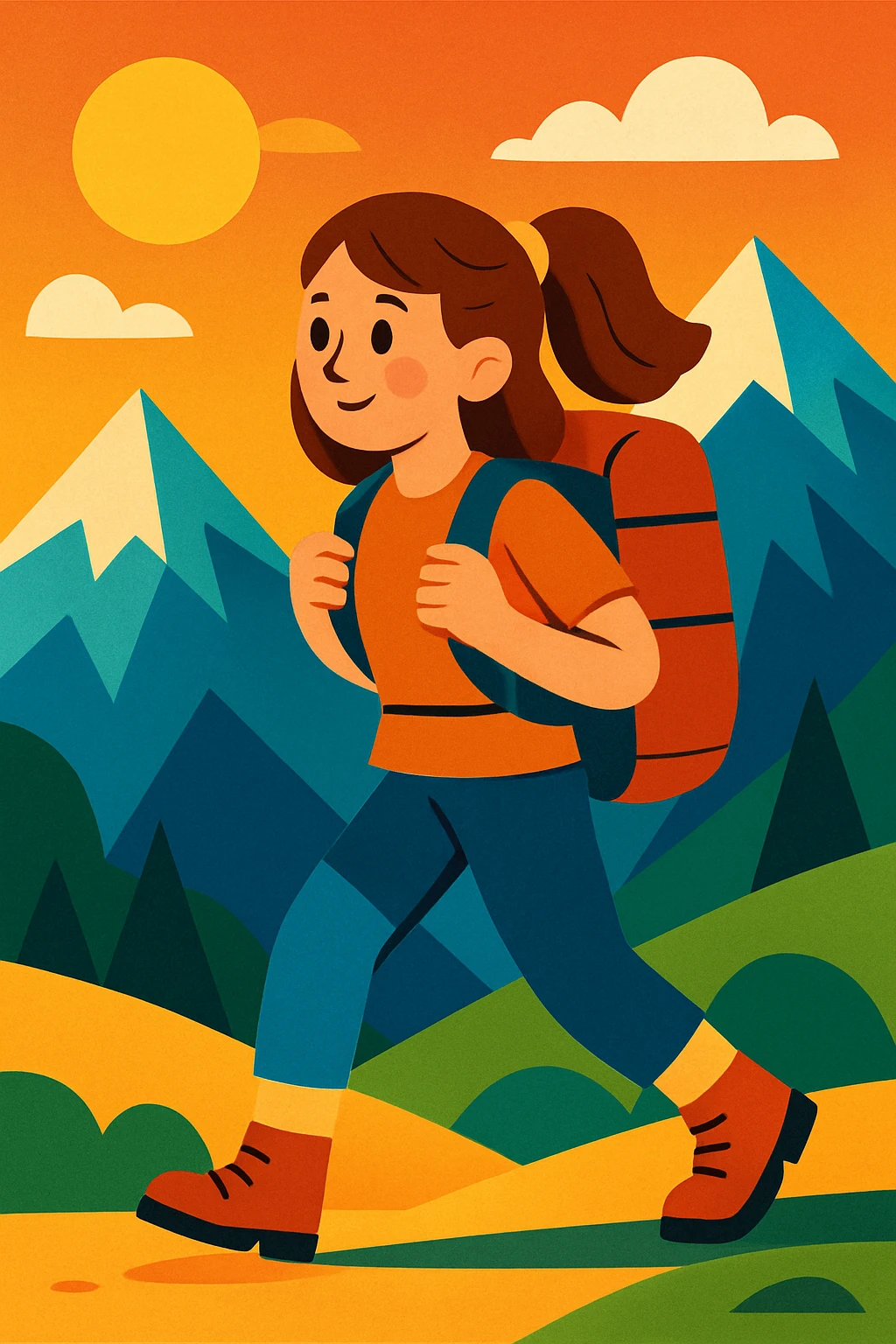 A white girl with brown hair, backpacking in the mountains emoji