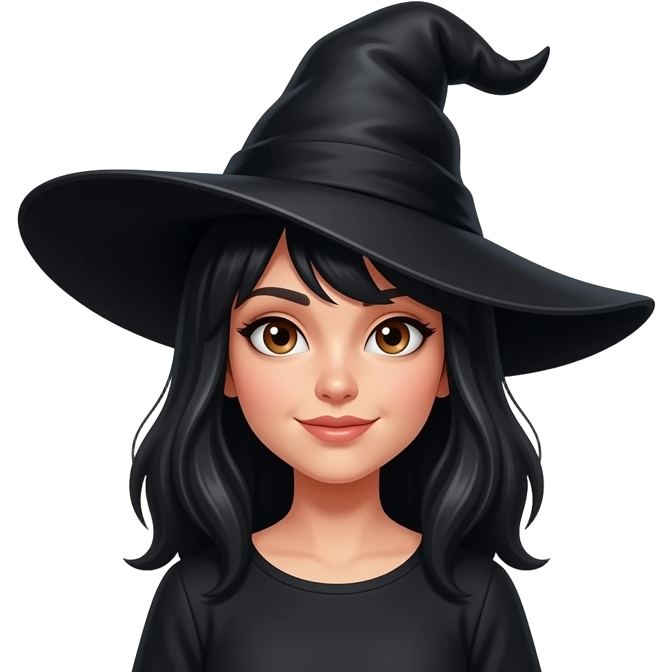 hot witch with pointy black hat with black hair with brown eyes emoji