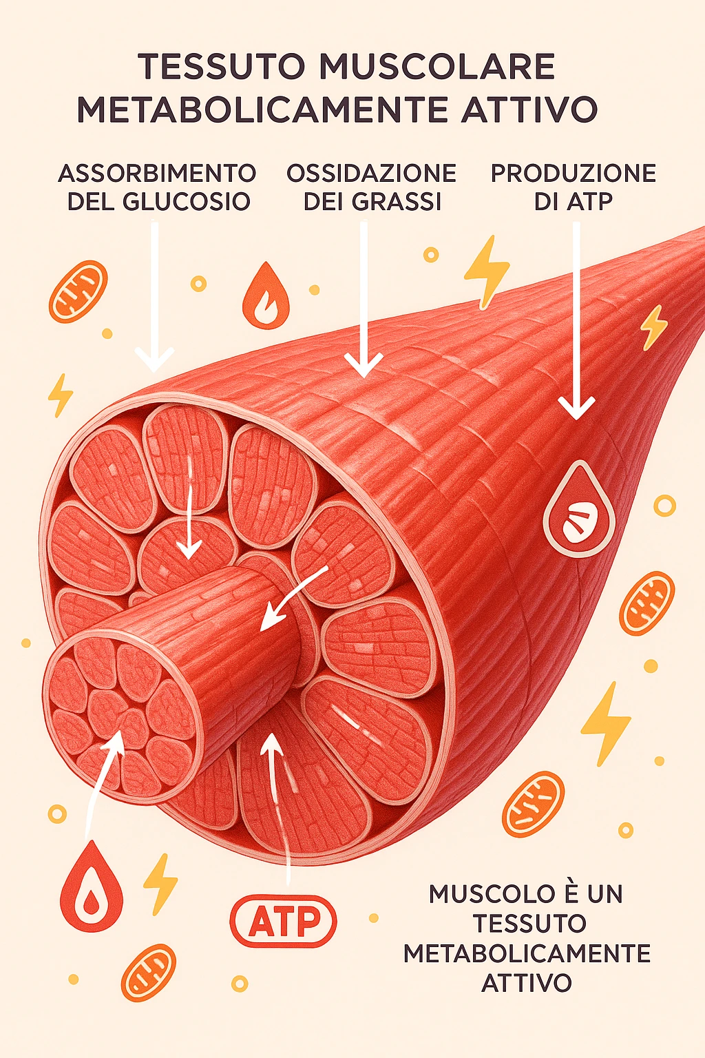 a highly detailed cross-section of human skeletal muscle fibers, shown in vibrant red and pink tones, with visible striations and realistic texture. Glowing arrows and animated icons represent active metabolic processes—such as glucose uptake, fat oxidation, and ATP production—occurring within the muscle tissue. Surrounding the muscle, floating symbols for mitochondria and energy highlight its metabolic activity. The background is clean and clinical, with subtle labels and infographics explaining that muscle is a metabolically active tissue. The overall style is modern, scientific, and visually engaging, suitable for educational or medical use. in italiano emoji