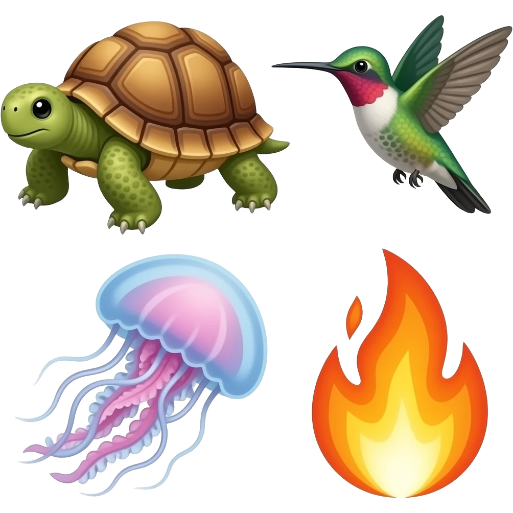 a tortoise, a hummingbird, a jellyfish and a flame emoji