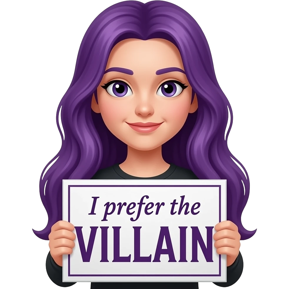 girl with long purple hair with a I prefer the VILLAIN sign emoji