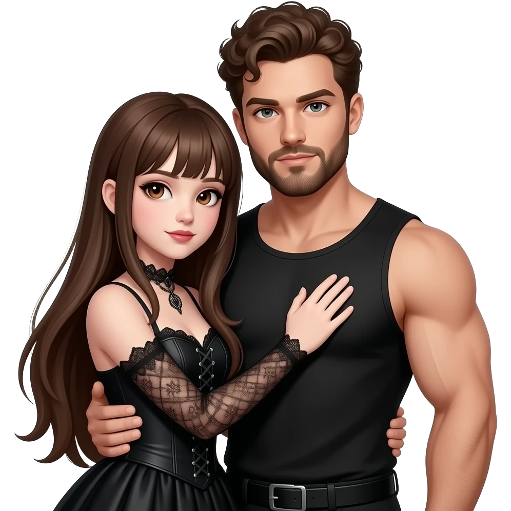 realistic pretty pale skin long straight brown hair girl brown eyes long face wearing gothic dress and gothic makeup HD and her muscular man short brown curly hair and beard hugging emoji