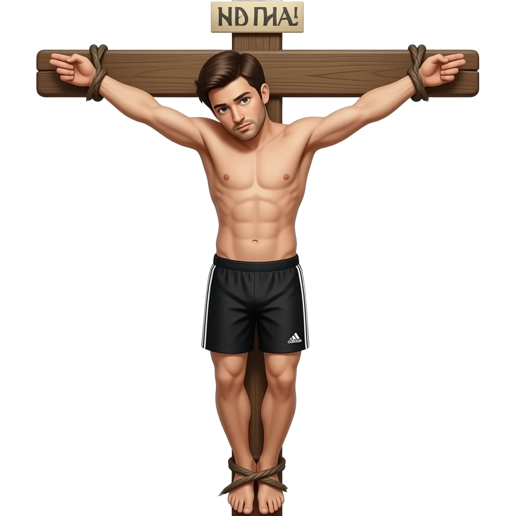 Hombre clavado en una cruz con un short negro adidas emoji