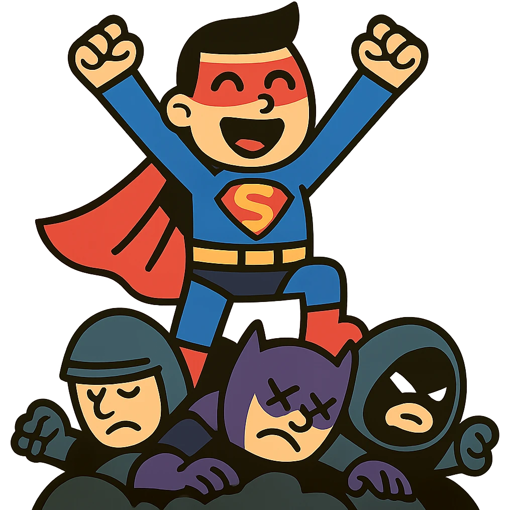 a happy hero standing on a pile of defeated enemies, arms up, victorious expression emoji