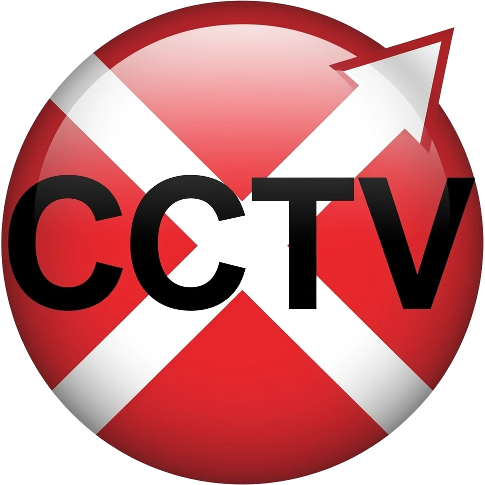 Red filled circle with white X and arrow end points on the X. Big CCTV word in the centre in black emoji