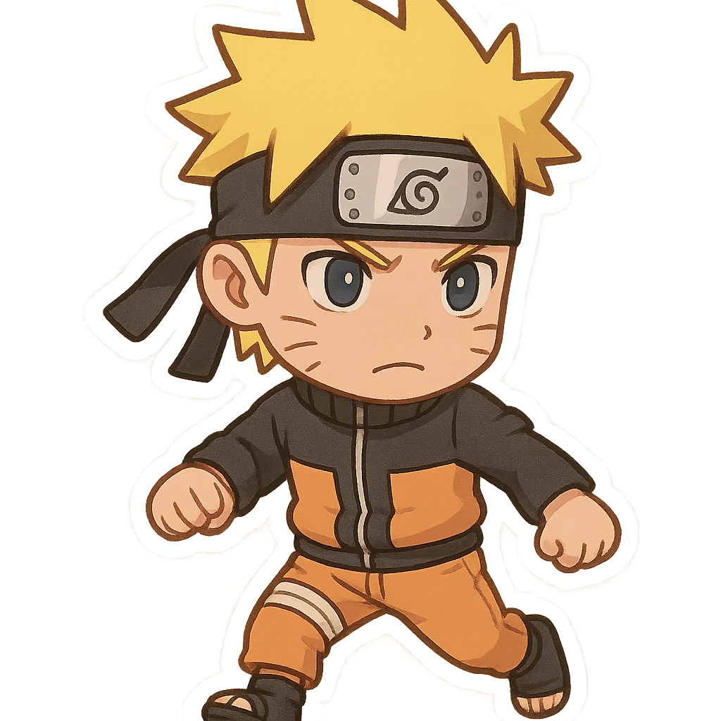 Naruto Uzumaki in a standing motion, he has a serious expression on his face, chibi sticker emoji
