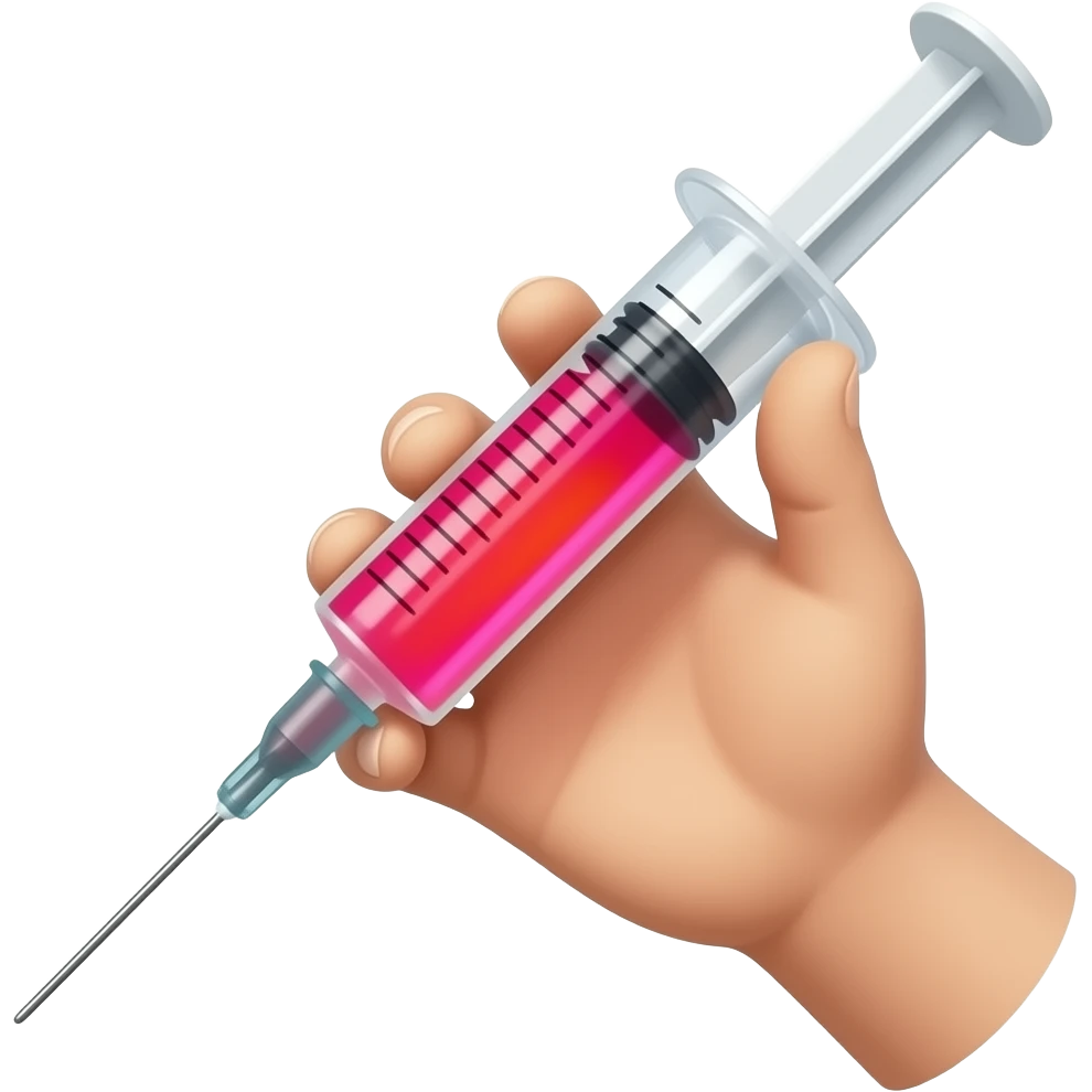 A dainty male hand holding a syringe with glowing neon-red liquid inside emoji