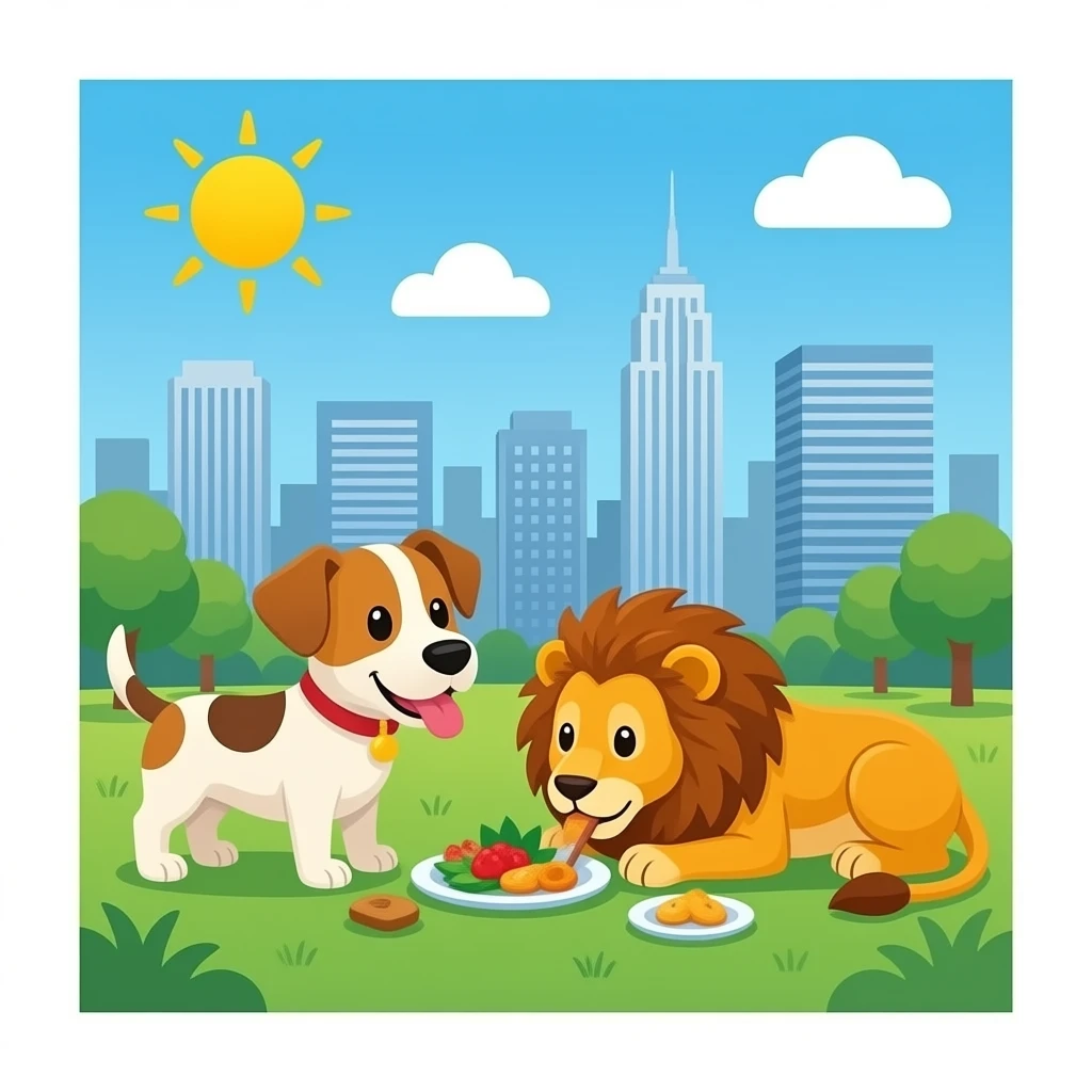 hazme un perro y un leon comiendo por un pueblo emoji