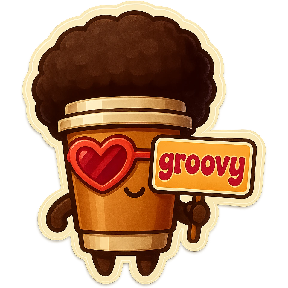 Tall coffee cup, no mouth, afro, heart glasses, holding sign "groovy" emoji
