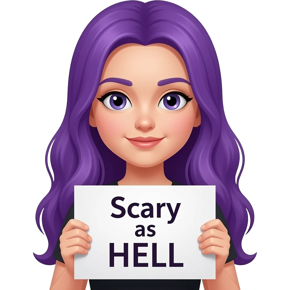 girl with long purple hair with a Scary as HELL sign emoji