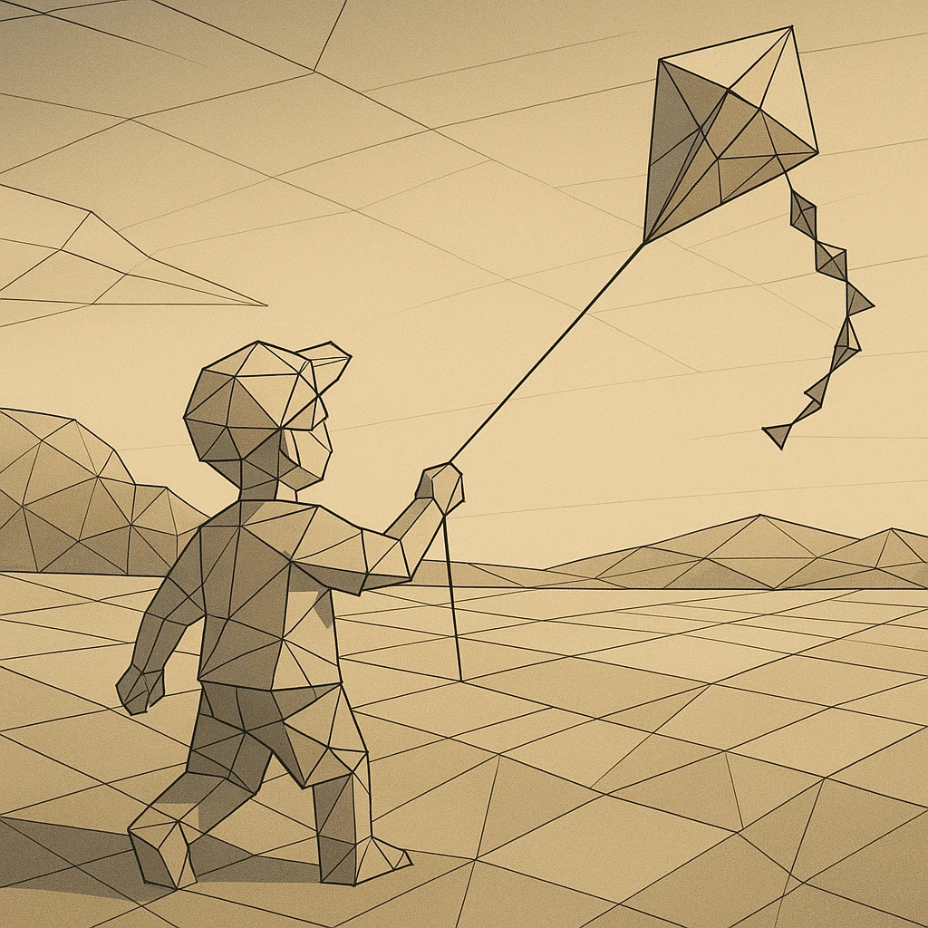 child flying a jagged kite in a blocky field. emoji